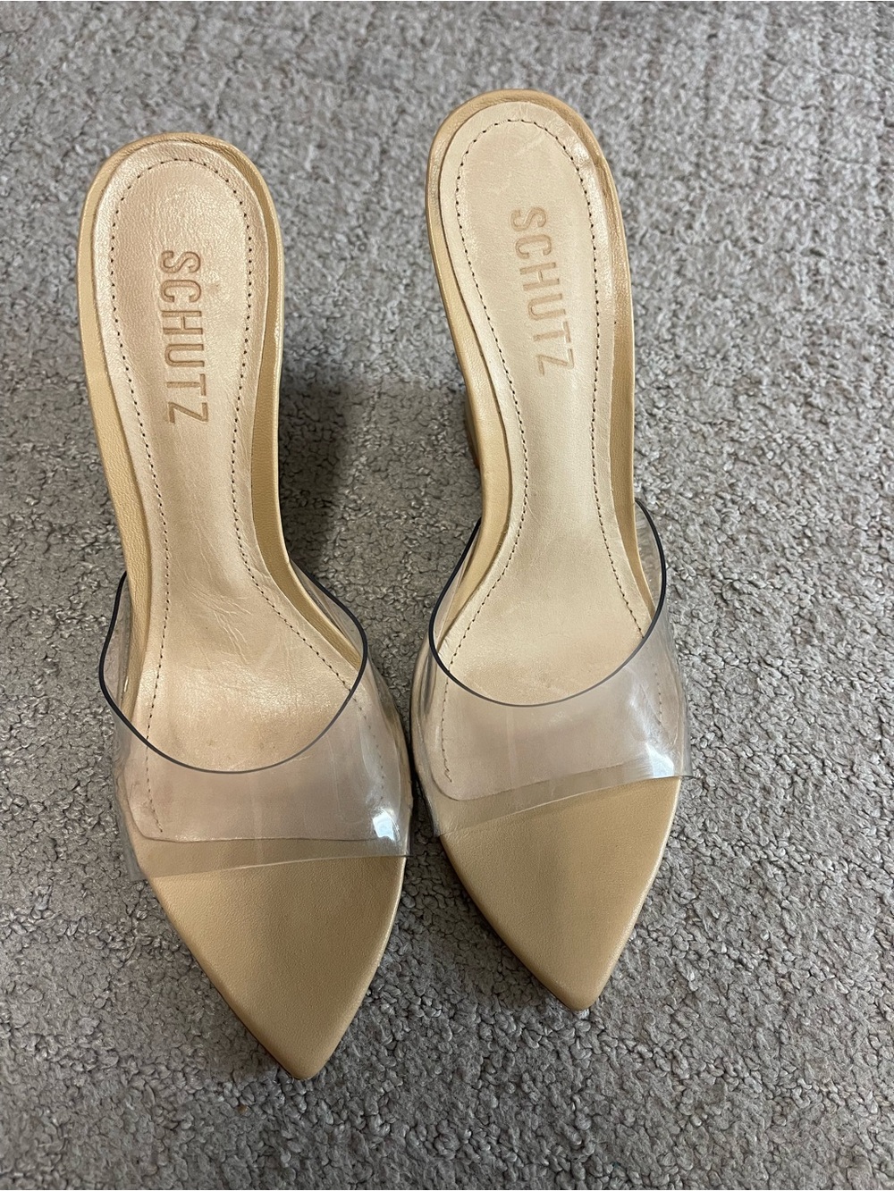 SCHUTZ Beige Pointed-Toe Mules with Clear Strap